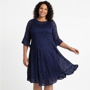 Kiyonna NWT Navy Blue Lace 3/4 Sleeve Flowy Cocktail Dress Size 2X
